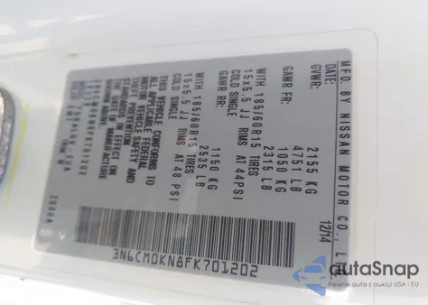 2015 Nissan Nv200 Sv z USA, uszkodzony, nr VIN 3N6CM0KN8FK701202